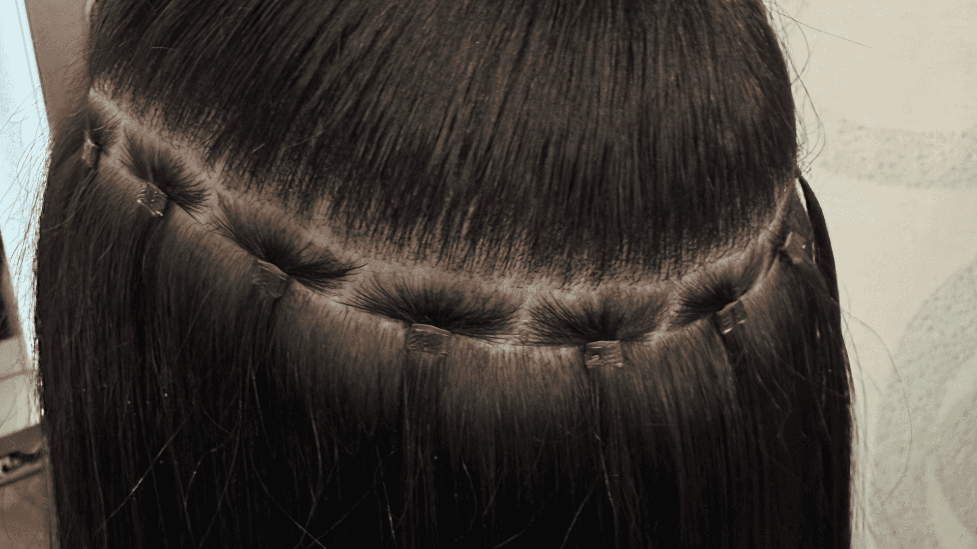 Hair extensions being installed using a tape-in method on dark, straight hair.